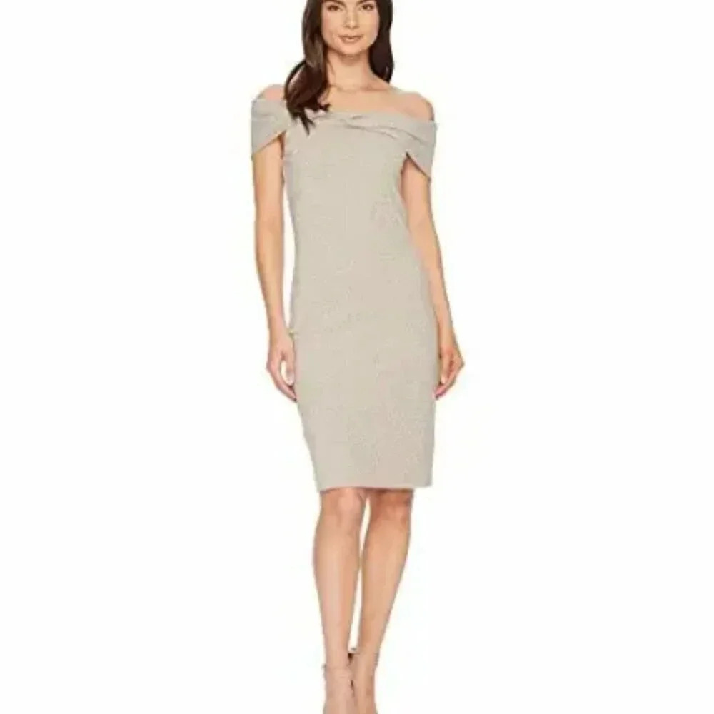 Nicole Miller XS Knit Twist Off Shoulder Silver Sparkly Dress Lined S100
